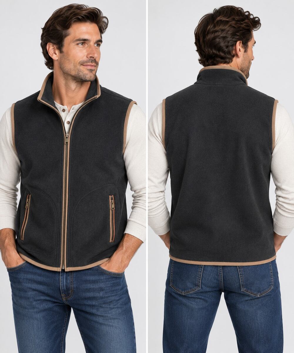 Bill's Khakis Men's L Fleece Vest Full Zip Black Brown Trim Made in USA